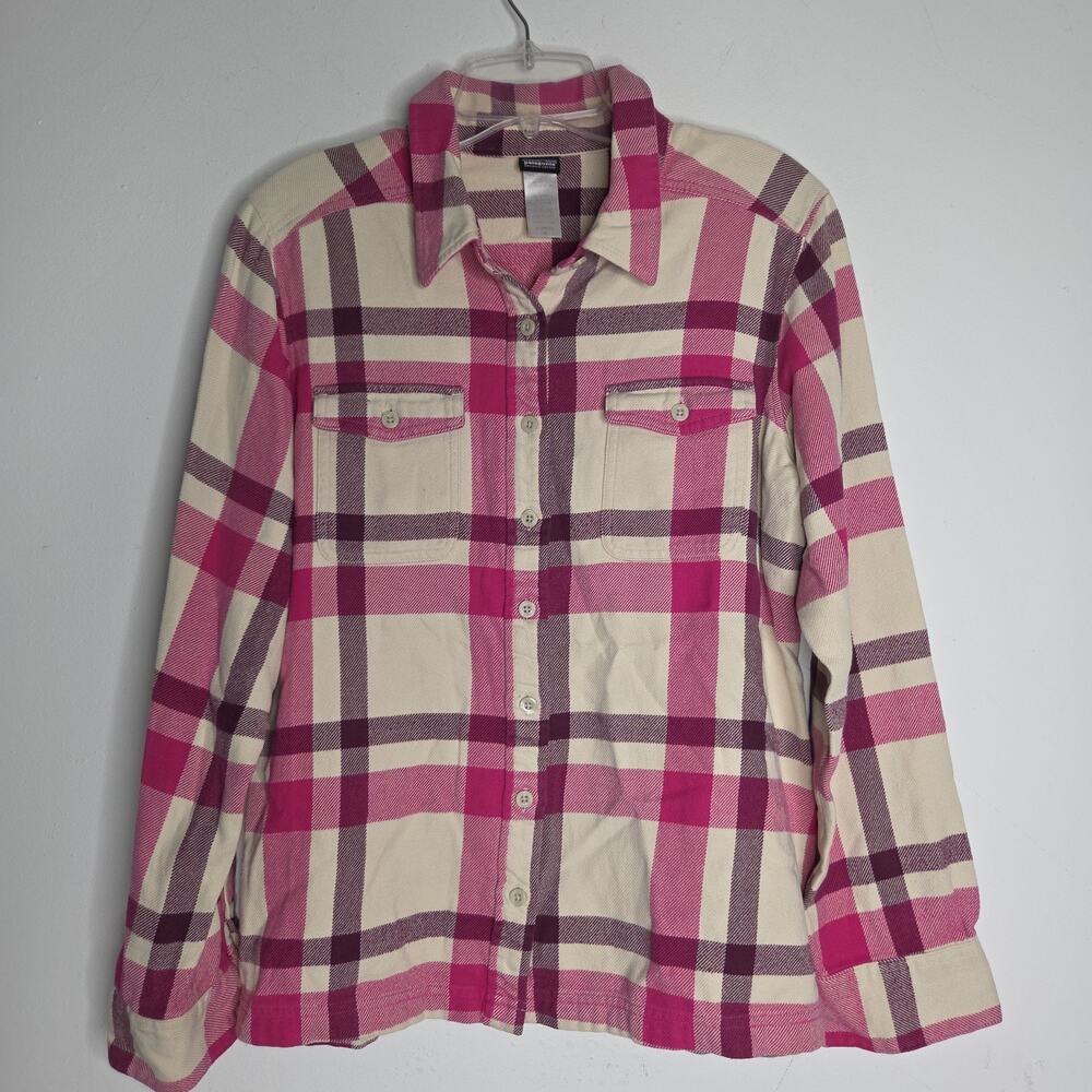 Patagonia Plaid Flannel Pink Button Down Size 12 Organic Cotton Long Sleeve